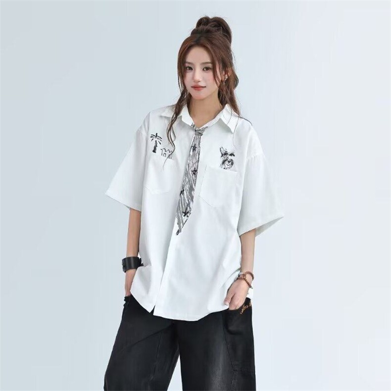 设计感领带涂鸦白色衬衫短袖男女夏季趣味半袖开衫衬衣潮CS384,男装T恤,星座302B-2