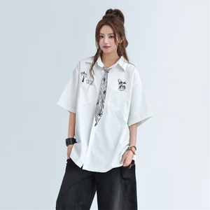 设计感领带涂鸦白色衬衫短袖男女夏季趣味半袖开衫衬衣潮CS384