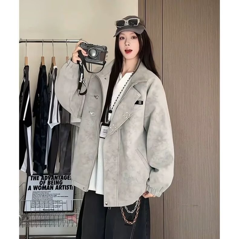 J509-P75 设计感金属飞机扣扎染皮革夹克男女2025秋季宽松美式图片