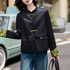 现货新中式仿真皮衣女短款2024新中式仿绵羊皮盘扣夹克外套女减龄，女装皮衣，潮流依族