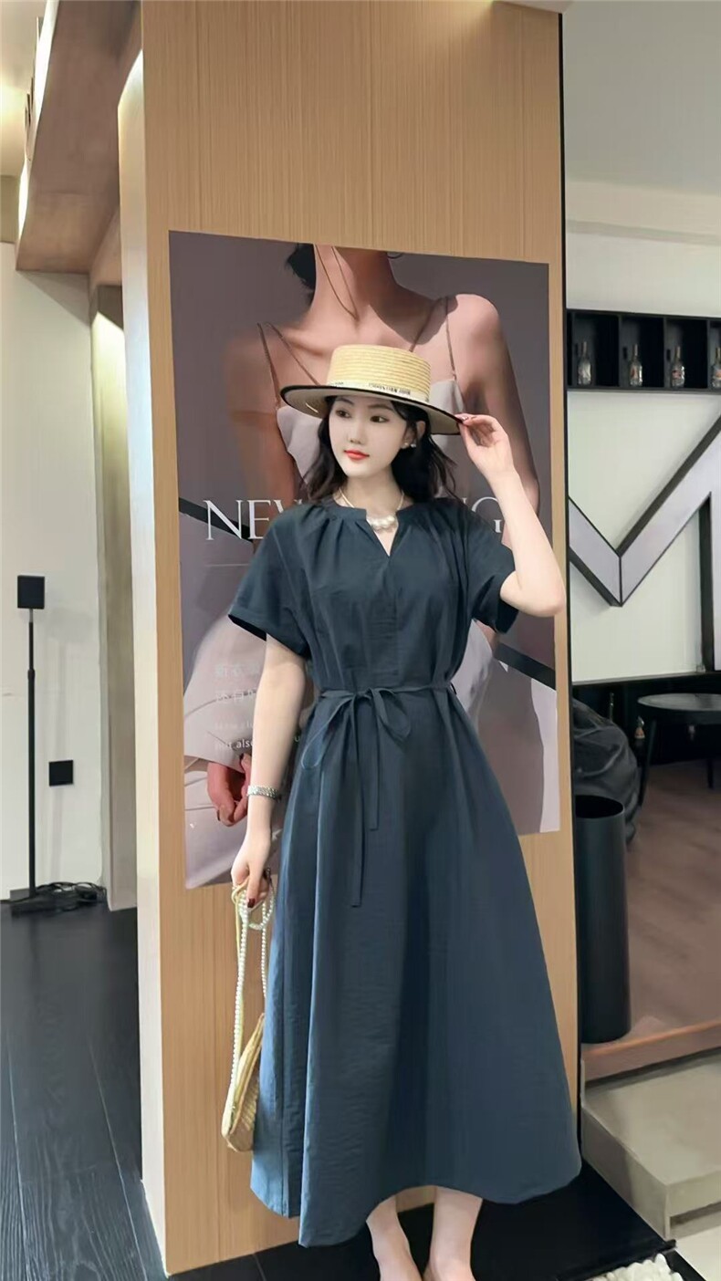 2025时尚百搭优雅中长款短袖圆领收腰连衣裙,女装连衣裙,翩雅女装供货