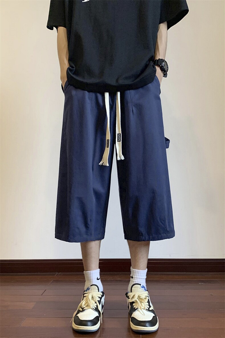 潮牌宽松速干短裤男夏季美式织带拼接工装七分裤子-A921TP38控59,男装牛仔裤,电商B241
