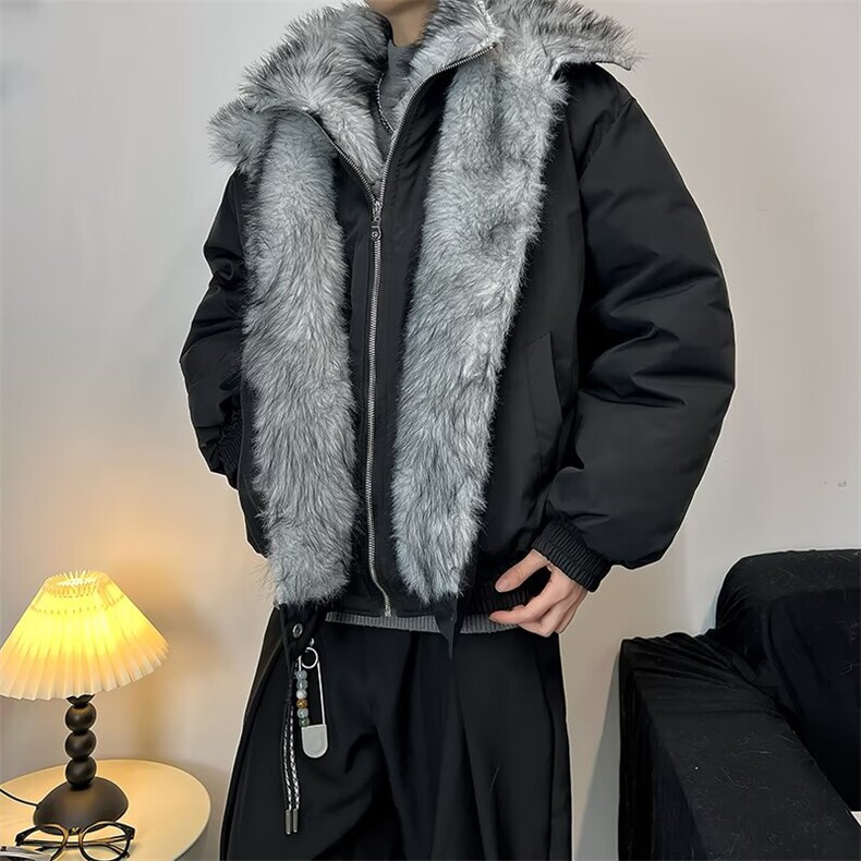 JY635-P100 羊羔绒毛棉袄男士加绒连帽棉衣冬装情侣棉服外套 网图图片