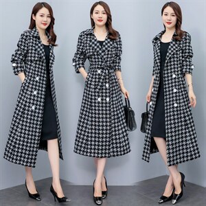 高端千鸟格风衣女2024春秋新款韩版显瘦气质收腰长款过膝大衣外套图片