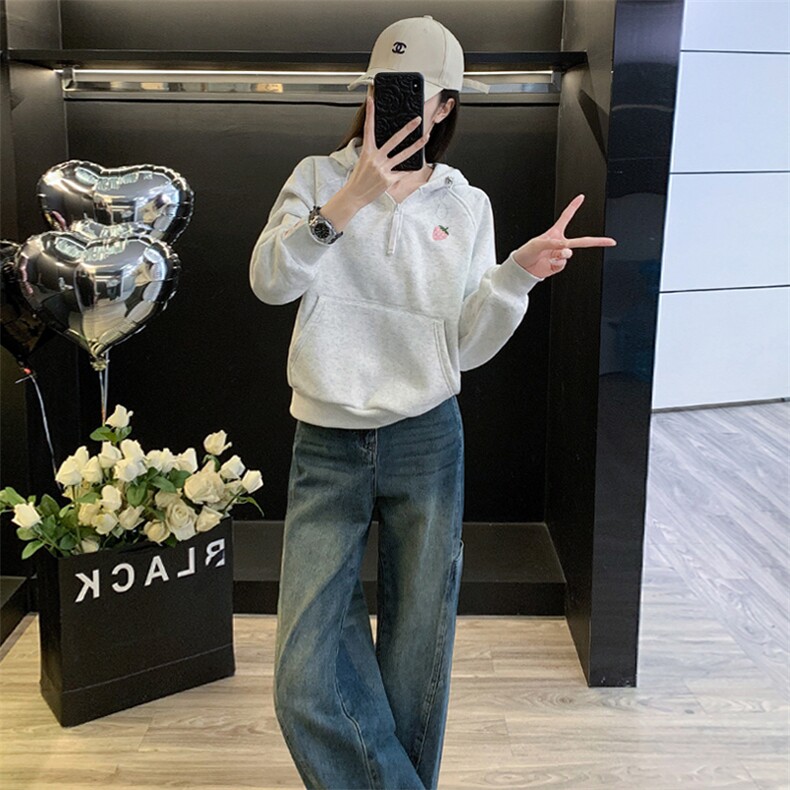 女秋冬减龄灰色卫衣阔腿牛仔裤套装潮,女装套装/套裙,江南