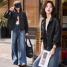 2025秋装新款简约摩登风尚复古机车皮衣外套，女装皮衣，魅丽静蓝