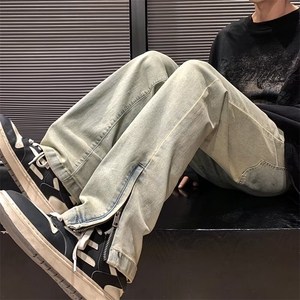 水洗黄泥染牛仔裤男款美式复古vibe高街裤子修身直筒休闲长裤图片