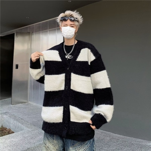 美式撞色V领开衫毛衣男慵懒风潮牌宽松条纹针织情侣外套MZ958-P55图片
