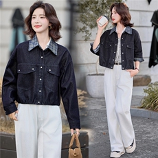 2025年秋季新款撞色拼接牛仔外套格纹拼接衬衫领牛仔上衣，女装短外套，慕依路