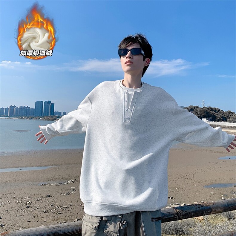 重磅380g假两件华棉亨利领保暖银狐绒男卫衣W5419J加绒-特P45控88，男装棉衣，电商A001