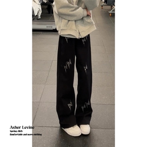 美式白色闪电刺绣牛仔裤男女款潮痞帅炸街裤子cleanfit直筒阔腿裤图片