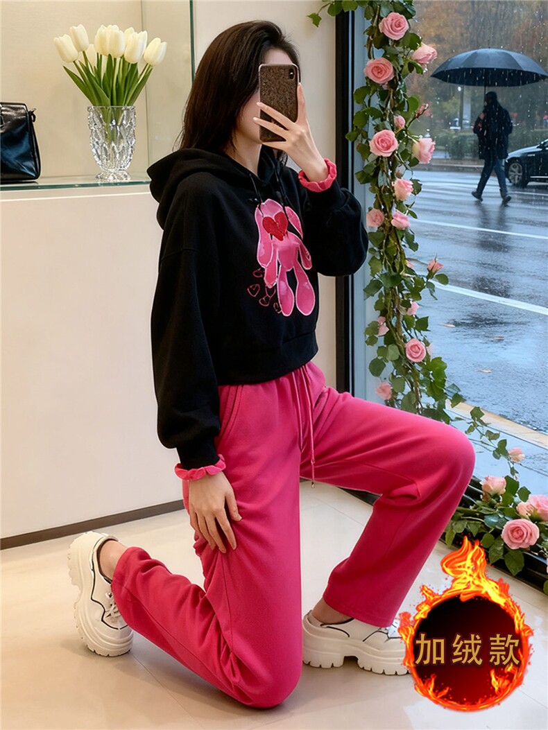 休闲运动套装女秋冬新款潮流时尚卡通刺绣连帽卫衣直筒长裤两件套,女装套装/套裙,江南