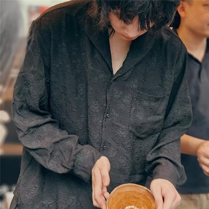 潮新中式盘扣提花立领衬衫男装风唐装长袖衬衣潮流宽松外套,男装衬衫,星座1210-1