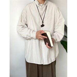 日系文艺风条纹长袖衬衫男春季潮流新款轻奢透气翻领衬衣CSY10图片