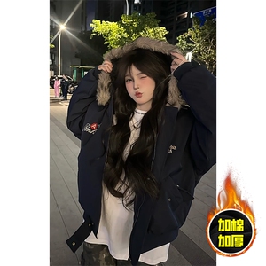 现货高品质美式高街重磅刺绣座山雕大毛毛领棉衣男女加厚棉服外套图片