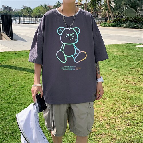 YT26139-P30 亚麻短袖t恤男大码五分袖男宽松七分袖 港风模特图片