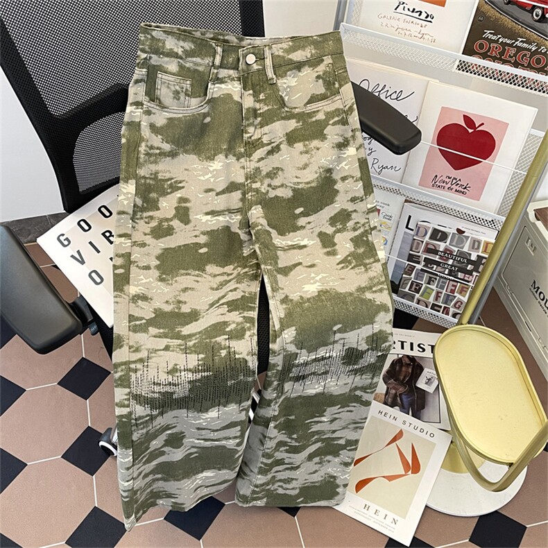 得物品质秋款男迷彩牛仔裤刺绣扎染宽松直筒长裤N7004P45,男装牛仔裤,星座1013-1