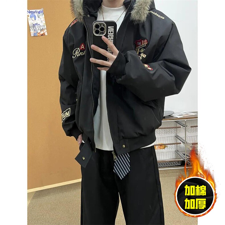 现货高品质美式高街重磅刺绣座山雕大毛毛领棉衣男女加厚棉服外套,男装棉衣,电商A486
