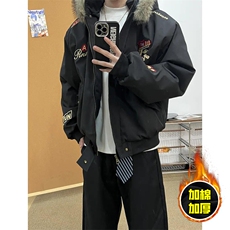现货高品质美式高街重磅刺绣座山雕大毛毛领棉衣男女加厚棉服外套，男装棉衣，电商A486
