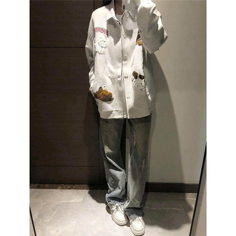 日系卡通小狗毛巾绣圆领卫衣女2025早秋新款慵懒风宽松bf开衫外套,女装短外套,星座506A