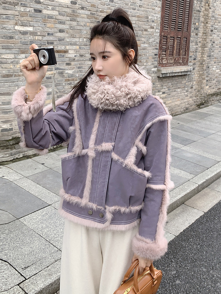 主推2025真皮兔毛机车皮毛一体外套2C116-6867-P299-K399,女装毛呢外套,2C116