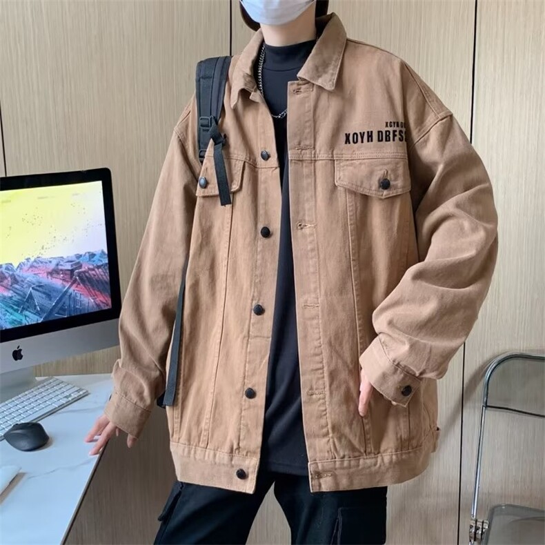 美式复古牛仔外套男士宽松大码新款潮牌翻领休闲百搭工装夹克,男装夹克,星座716-2