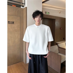 夏季新款cleanfit短袖设计感小众男白色半拉链圆领T恤休闲五分袖
