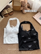 夏季辣妹蕾丝花边挂脖吊带背心带胸垫蝴蝶结印花内搭上衣，女装背心吊带，梦白服饰厂