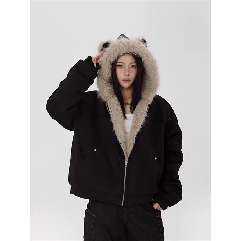 网图情侣装棉服外套男女鹿皮绒座山雕秋冬连帽猫耳朵-A2350P80,男装棉衣,电商B241