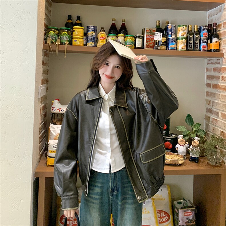 港风气质短款机车皮衣外套女2025春秋季新款韩版宽松显瘦洋气上衣,女装皮衣,纯色衣恋