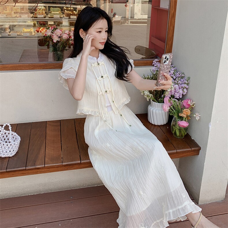 优雅刺绣连衣裙套装显瘦修身气质女装甜美蕾丝拼接设计,女装连衣裙,秀美人生