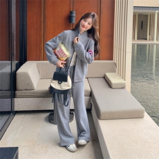 灰色休闲运动卫衣套装女2025春季新款韩系超火减龄阔腿长裤两件套，女装套装/套裙，2C029