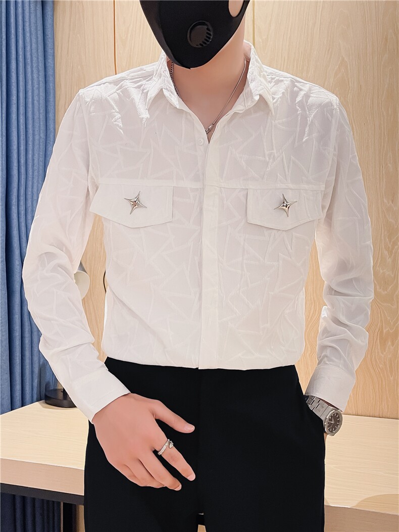 秋季男士纯色暗花长袖衬衫男痞帅口袋装饰衬衣301A-1/H516/P58,男装衬衫,星座301A-1