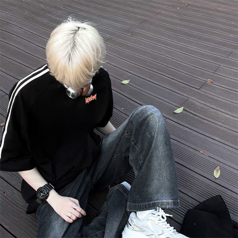 抖音得物高品质二开240克宽松纯棉美式潮牌三条杠织带短袖T恤，男装T恤，电商A486-1