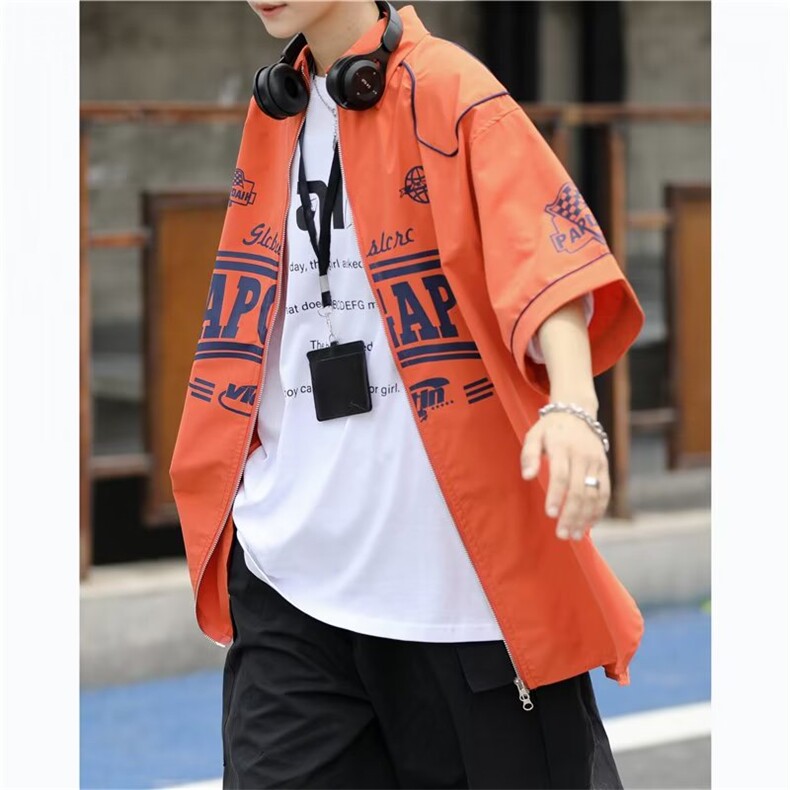 夏季休闲机车风短袖拉链青少年男女衬衫小众高街宽松工装衬衣潮,男装衬衫,星座1210-1