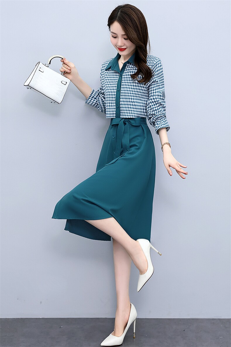 假两件格子拼接连衣裙女2022秋新款收腰显瘦气质洋气减龄衬衫裙子,女装连衣裙,关键词