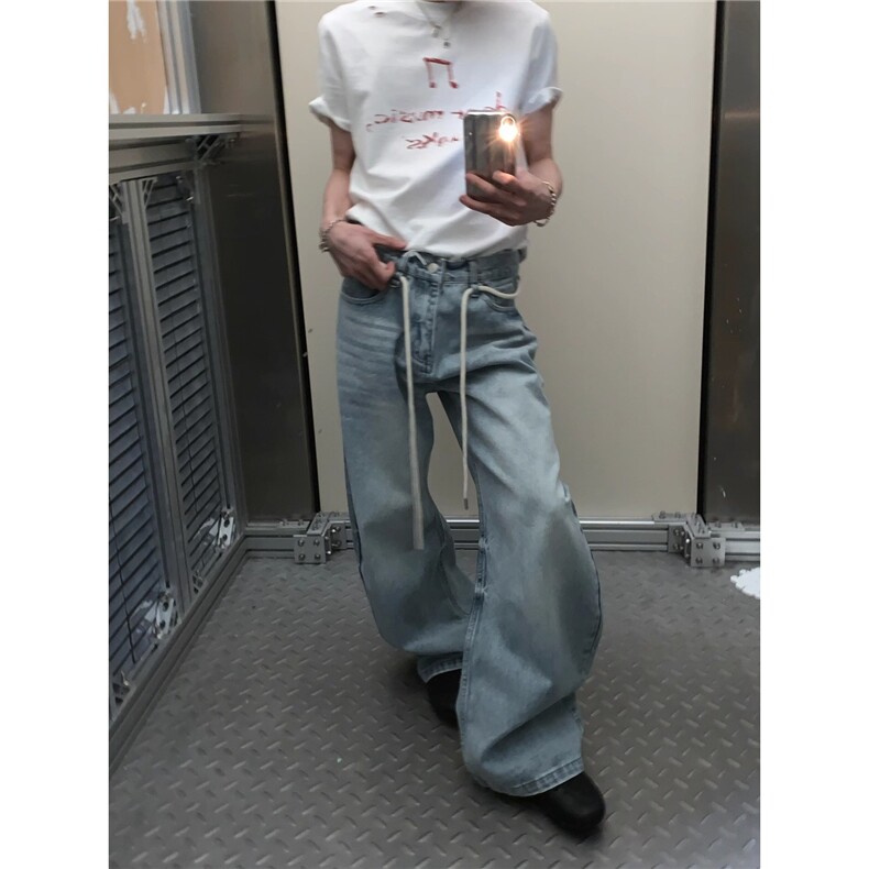 美式复古痞帅炸街弯刀裤男痞帅高级感炸街裤情侣牛仔裤,男装牛仔裤,星座506A