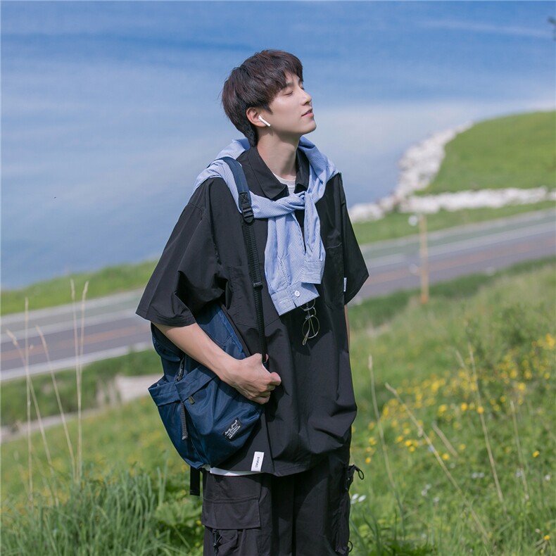 山系半拉链短袖t恤男polo衫夏季薄款日系cityboy休闲工装半袖衬衫,男装衬衫,四季星座518-2