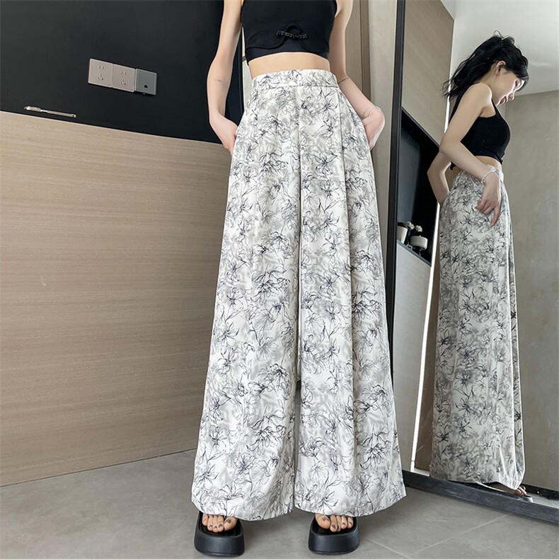 中式水墨画雪纺阔腿裤女2024夏垂感显瘦高腰新中式大裤腿拖地裤裙,女装休闲裤,梦白服饰厂