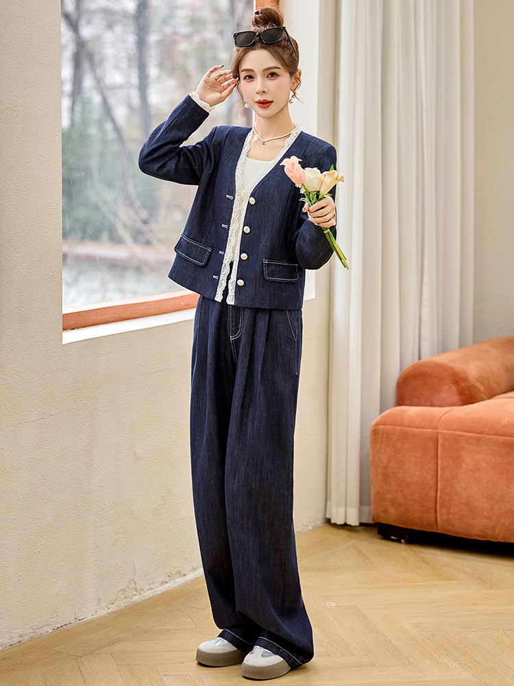 2025春季新款韩系高级感蕾丝拼接牛仔短外套高腰阔腿裤两件套装女,女装套装/套裙,伊仟回