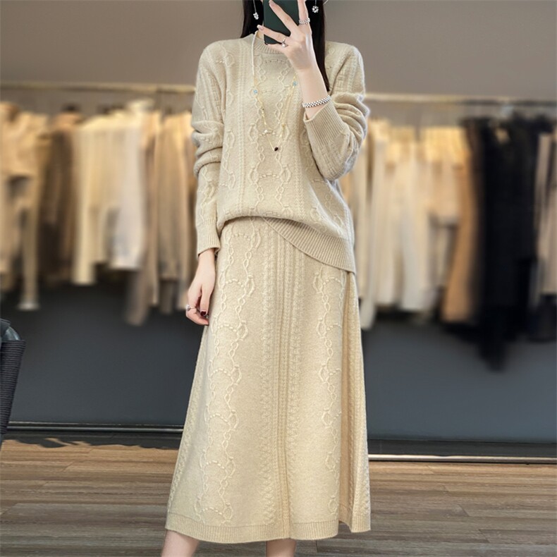 2023秋冬新款羊绒衫长裙两件套女时尚提花加厚显瘦内搭外穿羊毛衫,女装套装/套裙,鹿一羊绒