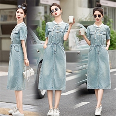 2024夏季新款薄款短袖新中式国风盘扣牛仔连衣裙女中长款立领裙子，女装连衣裙，依路服饰
