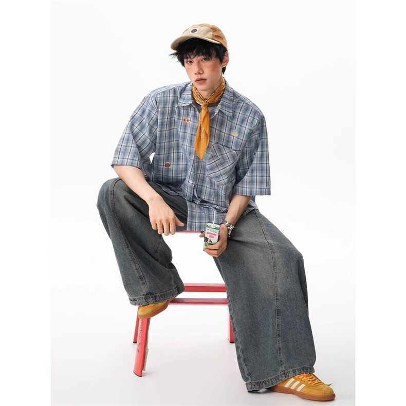 水果贴纸短袖衬衫男女夏季格子半袖宽松休闲衬衣C7017-P42,男装T恤,星座1001-1