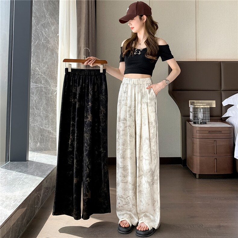 新中式风印花休闲裤女夏薄款2024新款水墨冰丝阔腿窄版直筒裤子,女装休闲裤,梦白服饰厂