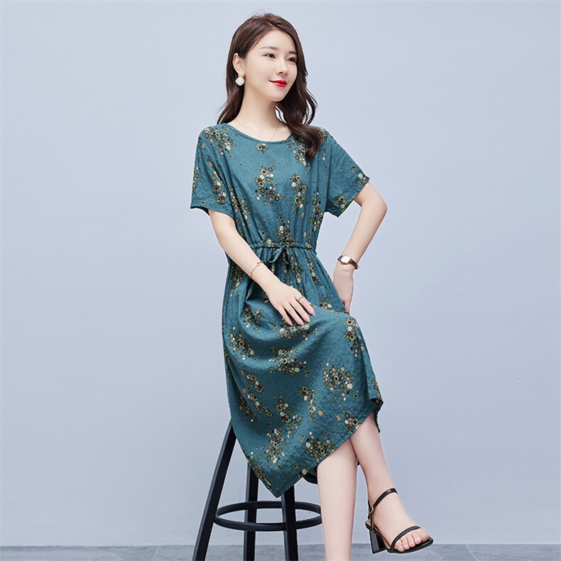 连衣裙2022年夏季潮流舒适简约时尚中长款圆领碎花,女装连衣裙,贵人树