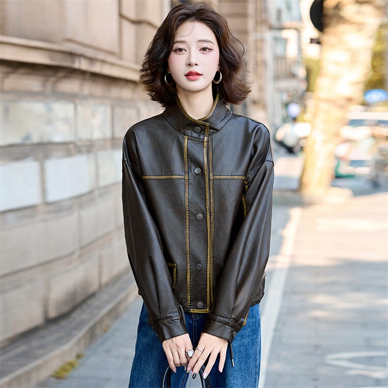 海宁皮衣外套女春秋季新款时尚复古设计感气质皮衣,女装皮衣,臻衣坊
