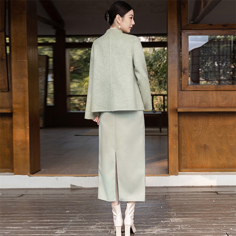 中国风双面羊毛套装女2024春秋新款中式改良旗袍高腰茶服两件套裙,女装套装/套裙,芷墨服饰