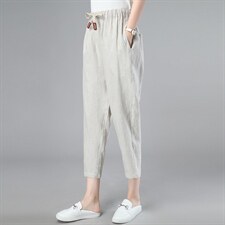 棉麻裤子女2024夏装新款亚麻松紧腰宽松萝卜裤抽绳九分妈妈小脚裤，女装休闲裤，江忆布依