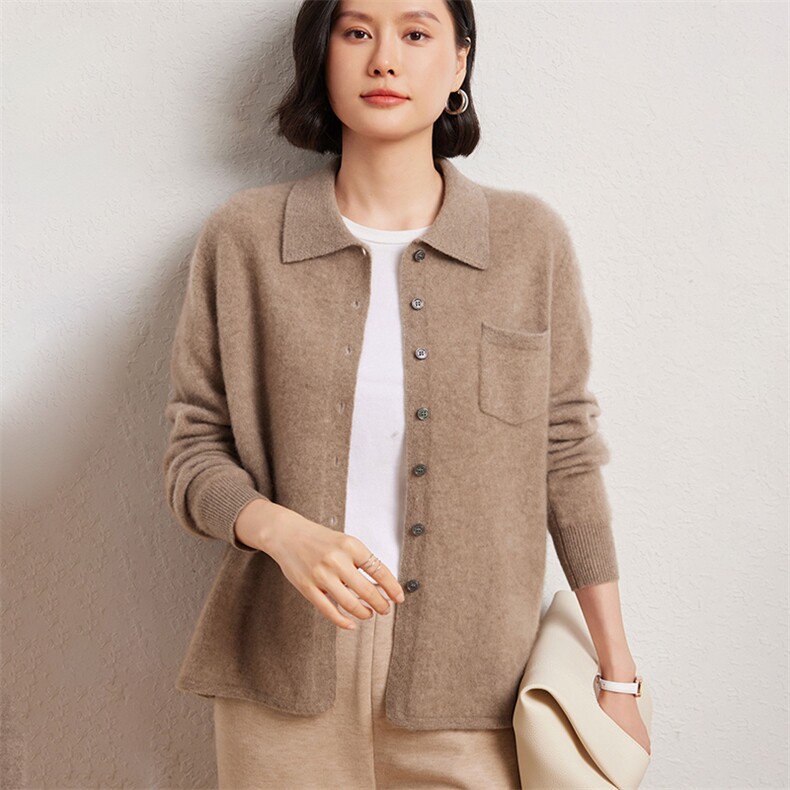 高品质纯色衫开衫polo领女翻领针织衬衣宽松外套羊毛衣打底衫,女装羊绒衫,臻维羊绒