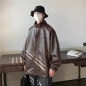 大码pu皮衣夹克钢印美式女复古oversize显瘦设计感情侣机车外套秋图片